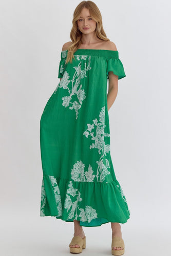 Leaf Print Off The Shoulder Midi Dress