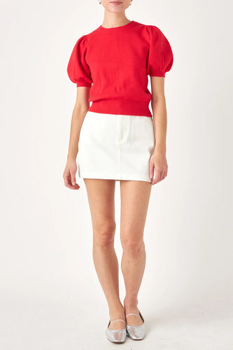 Women's Short Puff Sleeve Knit Top - Red