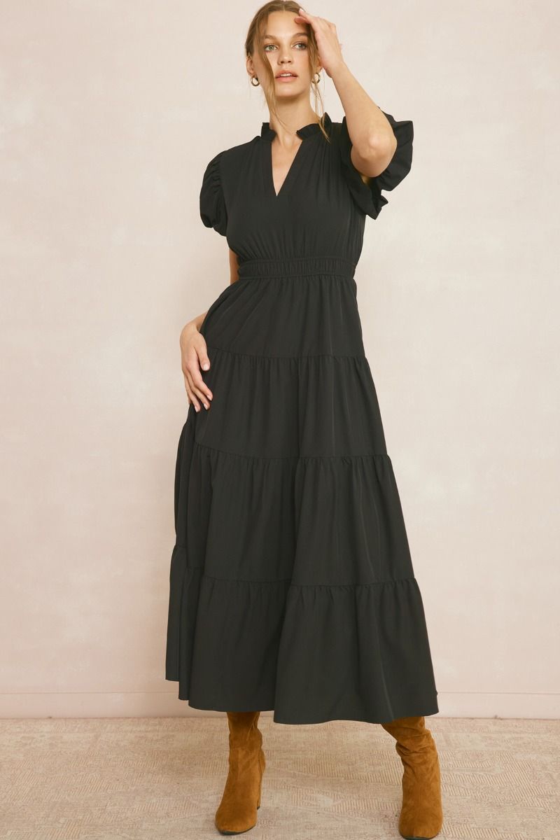 fitted lace wedding dress Blackish Green Solid Long Sleeve Button V Neck Tiered Maxi Dress Blackish Green / M / 100%Polyester
