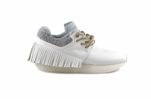 Esseutesse White Leather Fringe Sneaker with Grey Sherpa Detail